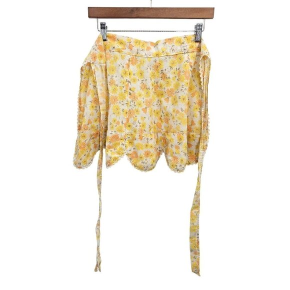 Vintage Handmade Kitchen Apron Yellow Floral Pockets Ric Rac Polka Dot Tie Waist - Picture 4 of 10